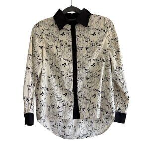 Yumi Novelty Owl Print Button-Up Blouse With Black Collar  Cuffs Size 2/4
